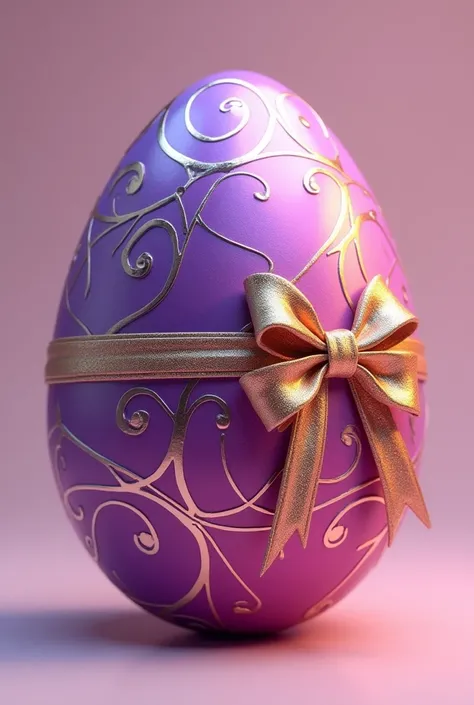 a colorful egg(purple and pink), with gold shimering with luxurious unique (coquette ribbon) design