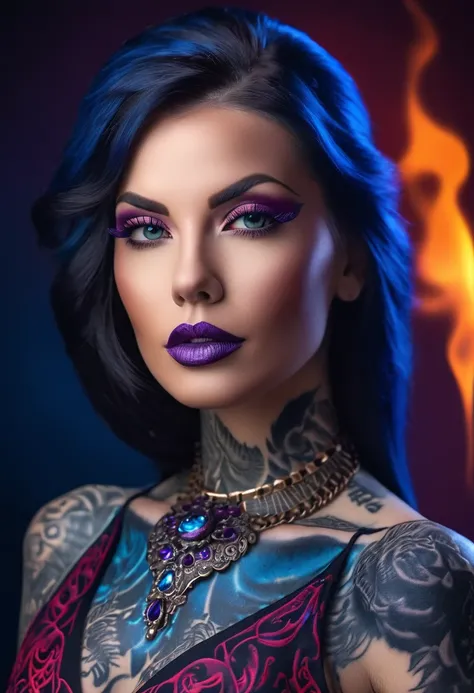 a beautiful American woman in fire dress, in the style of dark black and purple, tattoo, uhd image, body extensions, dark crimson and sky-blue