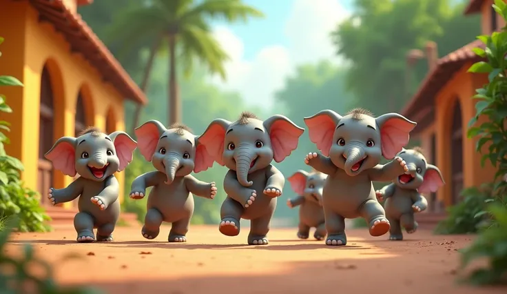  Create a 3D animated cartoon baby elephants playing with children and dance steps with guitar dhol with village background surrounding with forest with 3D animated cartoon