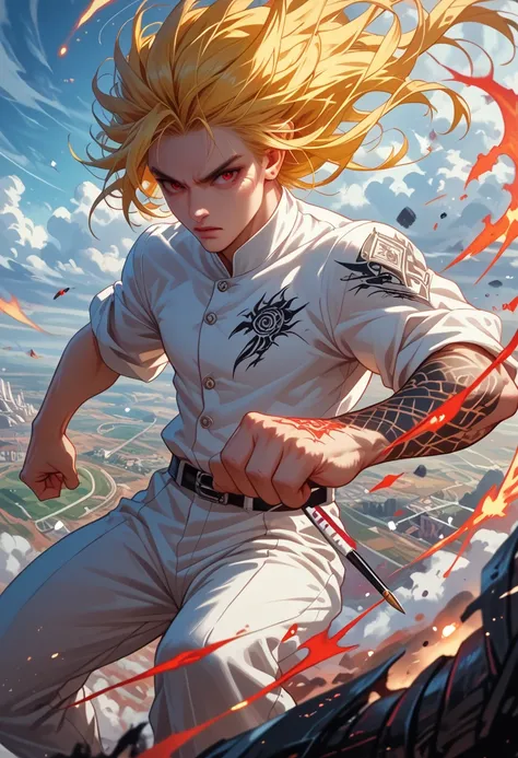 Ultra Super Sayajin, Diamond yellow hair and red eyes, outlined in black pencil., white clothes with dragon tattoo print, A good open cry, I fight the enemy furiously, landscapes of sky and earth