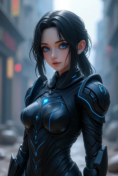 Create a daughter of Kato and FINA lifeafter 12 years with black armor with blue smiling