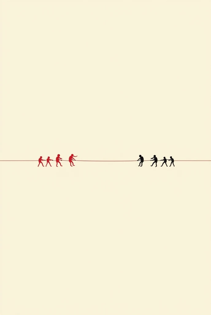 "Minimalist illustration in the style of Olly Moss depicting the iconic tug-of-war scene from Squid Game. The image features two groups of stylized silhouettes pulling on a rope suspended over a vast void, with simple and clean lines. The rope serves as a ...