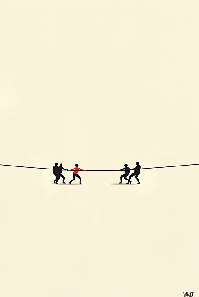 "Minimalist illustration in the style of Olly Moss depicting the iconic tug-of-war scene from Squid Game. The image features two groups of stylized silhouettes pulling on a rope suspended over a vast void, with simple and clean lines. The rope serves as a ...