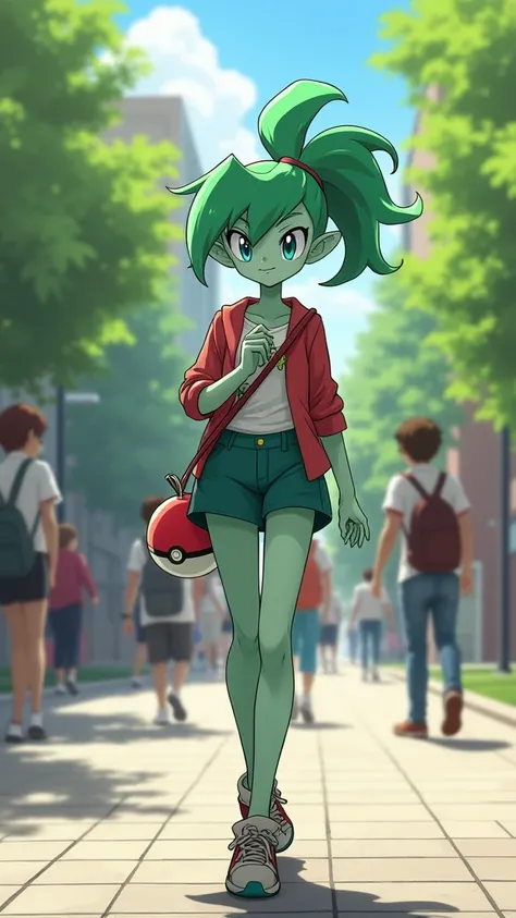 (best quality,4k,8k,highres,masterpiece:1.2),ultra-detailed, Gardevoir as a College Girl walking around college campus, strutting her stuff, Smiling and laughing, Flirting with the viewer, Pokémon, Pokémon (game), game freak, nintendo, (porcelain skin), bl...