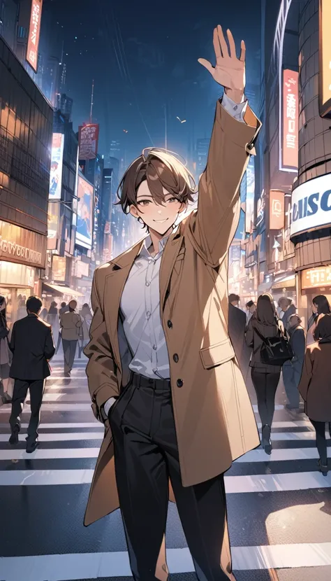 ((Top Quality)), ((Masterpiece)), Perfect Face, White Collared Shirt. A 20-year-old man with brown hair and a brown coat. black long pants. Raise one arm high and say goodbye. Smile. In the city. intersection.