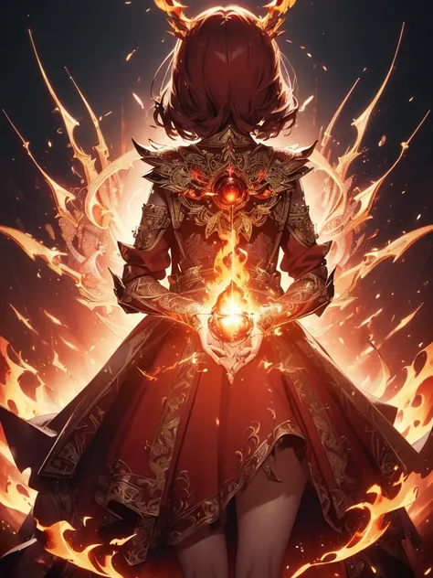 (((best quality, sharp image, clear image, cinematic lighting, 8k resolution, masterpiece, ultra detailed, intricate))) Girl, sorcerer, cute, intricate dress, smiling, fiery red, ((intricate background)), (rune frame), dimension, ((shot from behind)), fire...