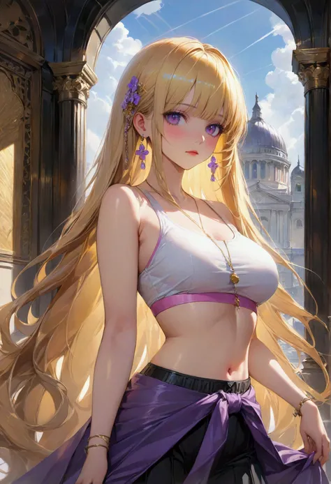 Long smooth straight golden hair, purple eyes, standing in croptop and baggy clothes,masterpiece, super detail, best quality, 8k,semi-realistic