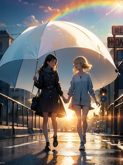 two girls, Casual clothing, sun after the rain, (Walking In Rhythm), Street Lady, sister love, Places and Spaces, Woman Of The World, Love Is Love, In the Mood, on the Street, (Dazzling Sunshine:1.3, beautiful Sunshine:1.3), (Lens Ghosting:1.4, lens flare:...