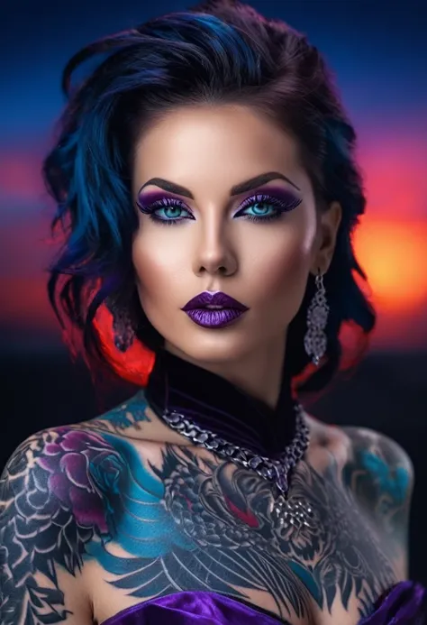 a beautiful American woman in fire dress, in the style of dark black and purple, tattoo, uhd image, body extensions, dark crimson and sky-blue