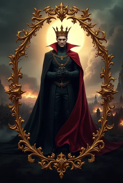 Create a logo with the character Dracula wearing a crown on an epic war background, Detalhes em dourado