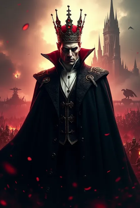 Create a logo with the character Dracula wearing a crown on an epic war background