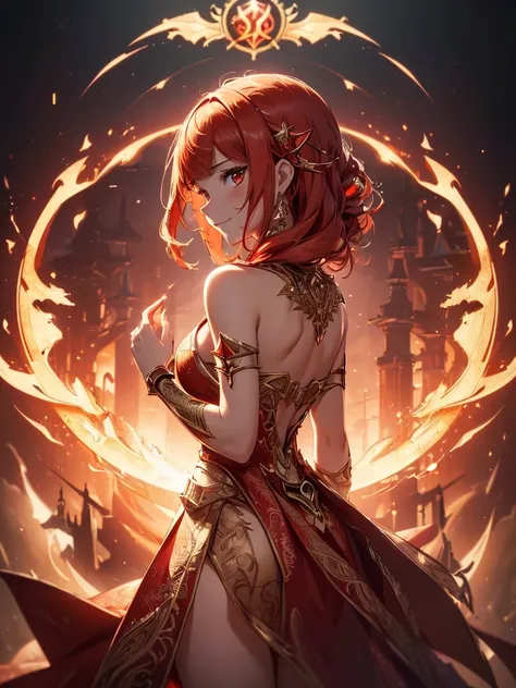 (((best quality, sharp image, clear image, cinematic lighting, 8k resolution, masterpiece, ultra detailed, intricate))) Girl, sorcerer, cute, intricate dress, smiling, fiery red, ((intricate background)), (rune frame), dimension, ((shot from behind)), fire...