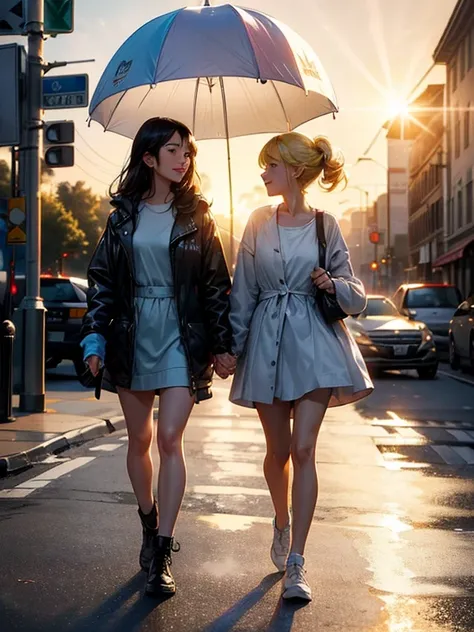 two girls, Casual clothing, sun after the rain, (Walking In Rhythm), Street Lady, sister love, Places and Spaces, Woman Of The World, Love Is Love, In the Mood, on the Street, (Dazzling Sunshine:1.3, beautiful Sunshine:1.3), (Lens Ghosting:1.4, lens flare:...