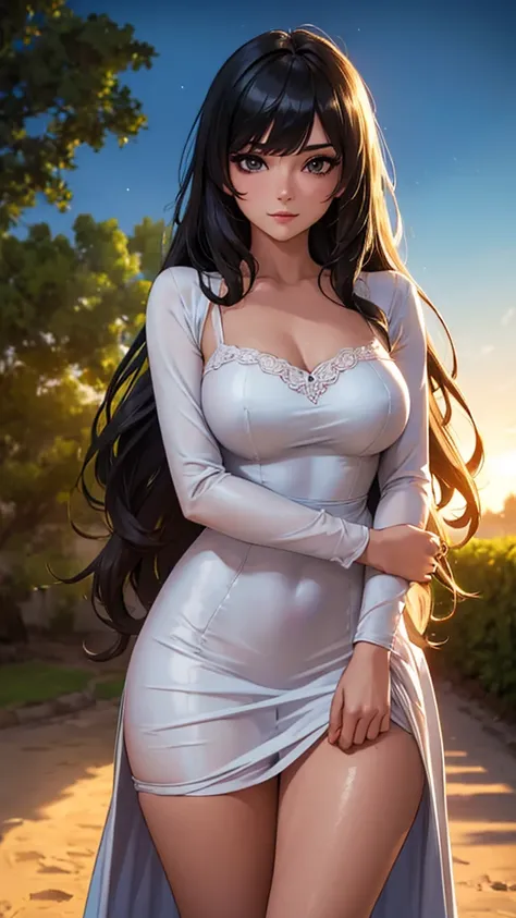 (masterpiece:1.2), (best quality:1.2), looking at viewer, (light smile:0.8), (lady|girl), (shiny skin:1.2), (depth of field:1.2), cinematic, (cowboy shot), medium breasts, outdoors, night, town, dress, wavy hair, long hair, side bang, fringe, black_theme