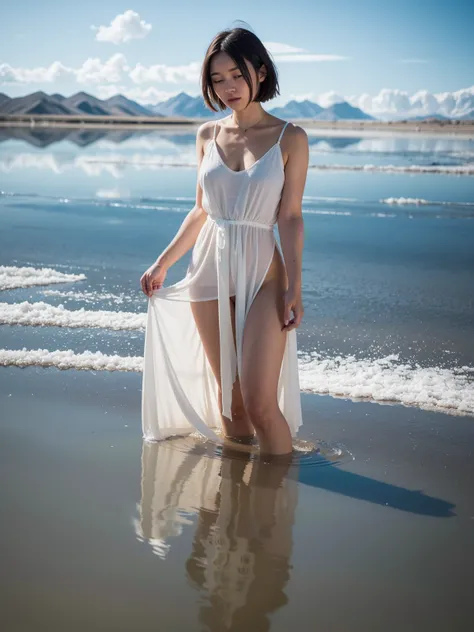  Top quality, A stunning short-haired woman steps onto the vast, laugh, mirror-like surface of the Uyuni Salt Flats, her reflection perfectly mirrored beneath her. Her hair is styled in a sleek, modern pixie cut, which contrasts beautifully with the endles...