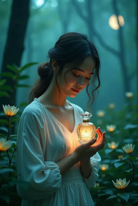 In a mystical forest bathed in soft, ethereal moonlight, a beautiful woman stands surrounded by lush greenery and delicate, glowing flowers. She gently cradles a crystal-clear perfume bottle in her hands, the logo abuyousaf fragrance glowing softly on its ...