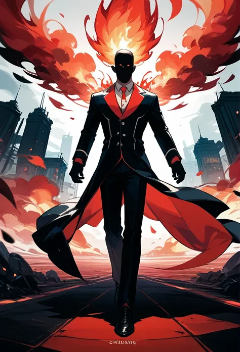 mature male, humanoid, (faceless, slenderman faceless, black head), black suit, shadow aura, fire background, ruined city, apocalypse, (open arms pose), (red skies, red clouds)