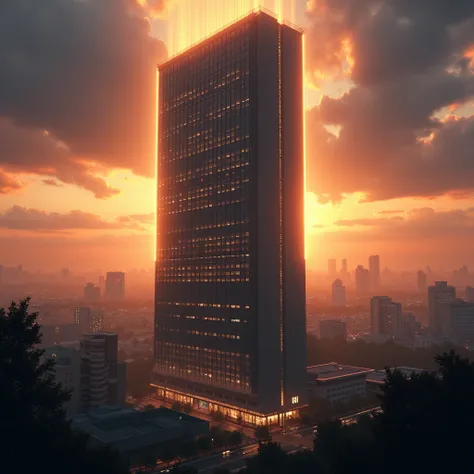 Realistic, Backlight, very high rise building, Sun on top of the building. Japan, evening, from front.