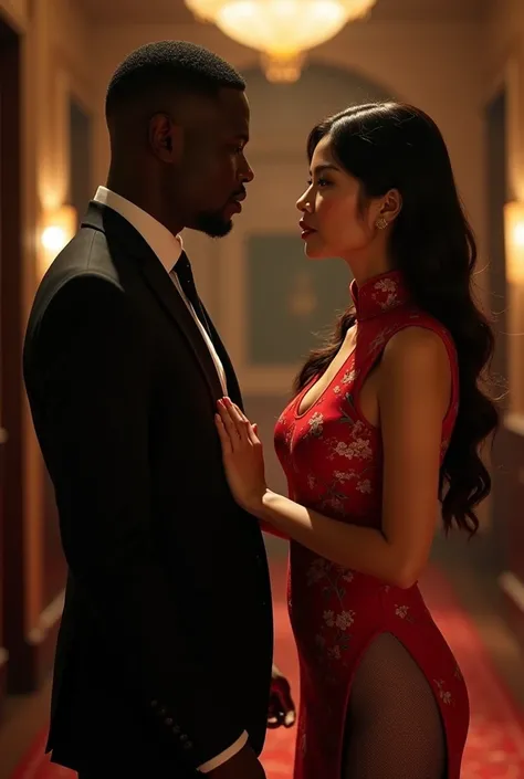 A mature and beautiful China，Wear sexy cheongsam and sexy black stockings，To a black man