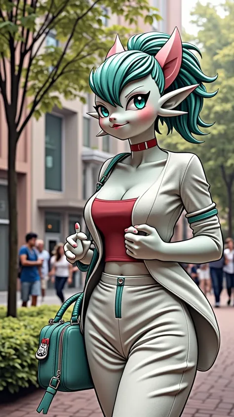 (best quality,4k,8k,highres,masterpiece:1.2),ultra-detailed, Gardevoir as a College Girl walking around college campus, strutting her stuff, Smiling and laughing, Flirting with the viewer, Pokémon, Pokémon (game), game freak, nintendo, (porcelain skin), bl...