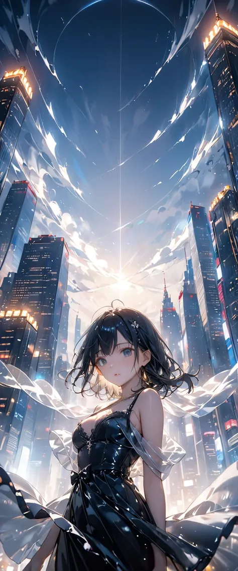 Beautiful CG。Cinema Lighting ,masterpiece, Highest quality, 8k.(Skyscrapers。A pure white sky covered in mist。Beautiful city lights。Buildings spread out in the sky。Another world covered in buildings),A girl on the roof of a skyscraper。Long black hair。Black ...