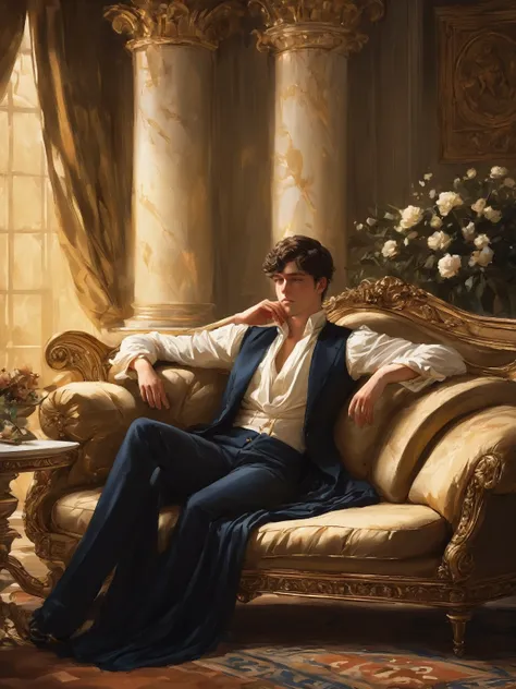 create a detailed digital painting of a young man reclining on a luxurious, antique sofa with an elegant and relaxed posture. th...