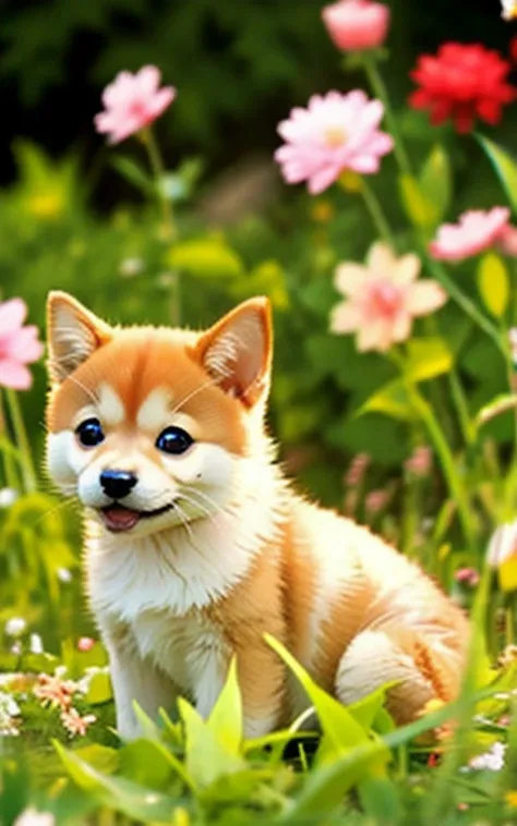 cute、Beautiful Face、Cute Movement、A Shiba Inu puppy playing innocently、Depicting a lovely and soothing scene