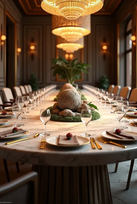 Draw a round dining table，Accommodates 30 people，There is a rockery in the middle of the dining table，Marble material，Metal Material，High-end，Royal dining table，Close-up details，High-end atmosphere，8k，Large wide angle，Vary rendering