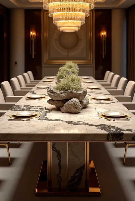 Draw a round dining table，Accommodates 30 people，There is a rockery in the middle of the dining table，Marble material，Metal Material，High-end，Royal dining table，Close-up details，High-end atmosphere，8k，Large wide angle，Vary rendering