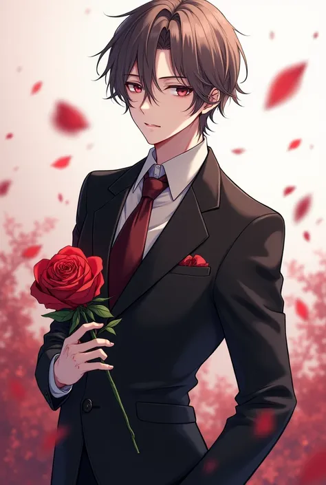 Ai anime boy : beautiful eyes, handsome, black suite, took a redrose, silk hairs stand in style 