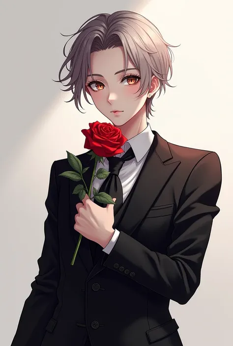 Ai anime boy : beautiful eyes, handsome, black suite, took a redrose, silk hairs stand in style 