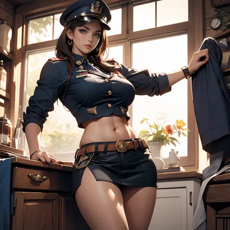 1 名woman, Beautiful Caucasian (woman), Sara Shahi, Slim but muscular body, Huge breasts, dark brown disheveled hair, blue eyes, woman, woman in crop top soldier uniform, Soldier cap, Military Shirt Brooch, Exposure of the abdominal area, Ultra low waist mi...