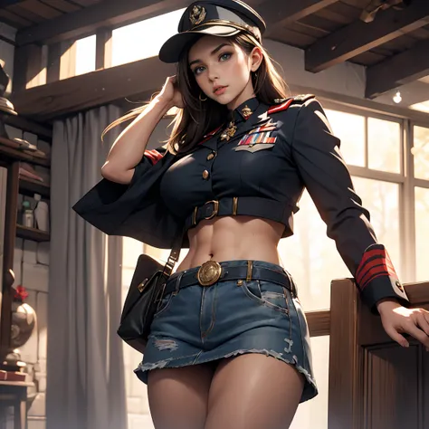 1 名woman, Beautiful Caucasian (woman), Sara Shahi, Slim but muscular body, Huge breasts, dark brown disheveled hair, blue eyes, woman, woman in crop top soldier uniform, Soldier cap, Military Shirt Brooch, Exposure of the abdominal area, Ultra low waist mi...