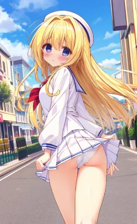 Beautiful long blonde　Girl in a sailor suit　Pleated skirt　mini skirt　Long sleeve　Shyness　With tears in my eyes　Walking through a public square　full body　Walking with legs apart　skirt tug　Wind lift　White panties with lace　blushing cheeks　wind　Small breasts　...