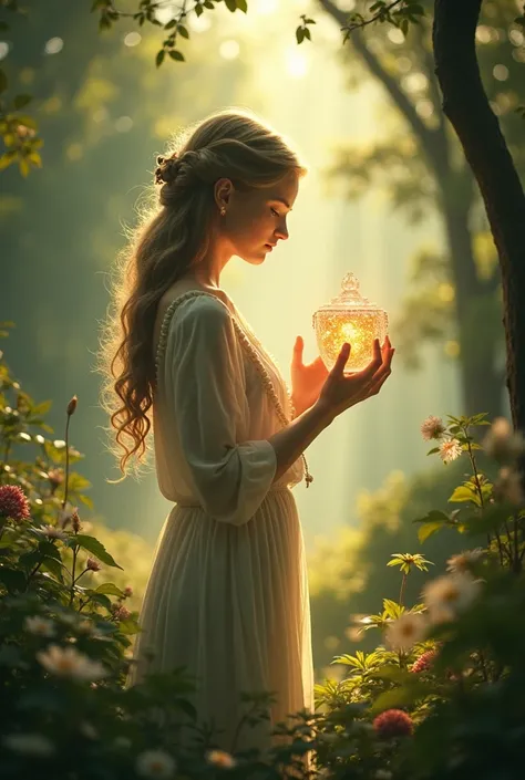 Aria standing in a lighted clearing, holding an artifact or relic revealing the truth, surrounded by light.