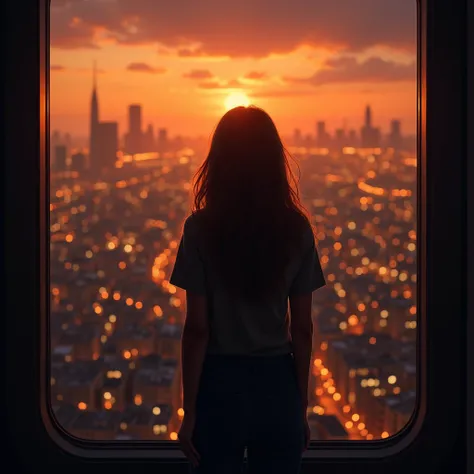 Realistic, Backlight. View from the observation deck. A girl in the dark looks out the window. Back view. cityscape. Dazzling sunlight. Japan, evening, from front.