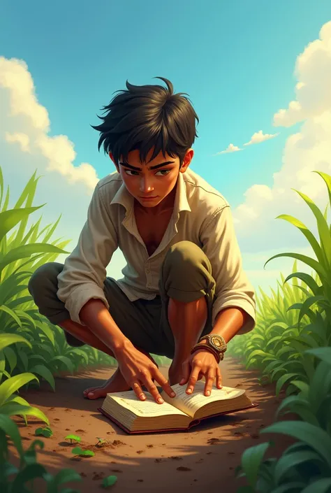 Planting the Magical Seeds:Kishan in the field, carefully planting the magical seeds from the book.The sky is clear, with the sun shining brightly.He is focused and meticulous, surrounded by fresh soil and green plants.
