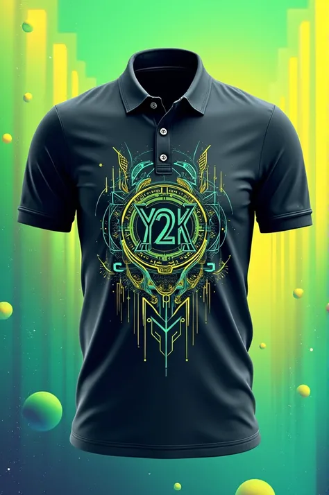 Create a polo t shirt design with the colors green, yellow, and white. make the theme sslg and a little bit inspired by y2k and cyber sigil