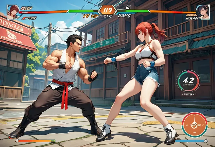 (Masterpiece, BestQuality:1.2),(2d fighting video game UI),Game screens like "Street Fighter" and "Tekken",A high school girl fighter and a female assassin are fighting,Fighting game special moves,Health gauge UI, skill gauge UI,