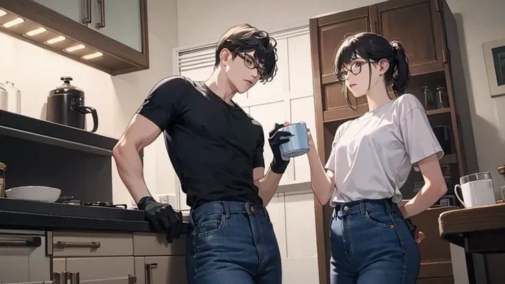 The scene is in a luxurious and spacious kitchen. A man wearing a white shirt, a black suit, black-rimmed glasses, black gloves on his hands, and holding a cup of hot water is surrounded by another man wearing a black T-shirt and blue The man in jeans is c...