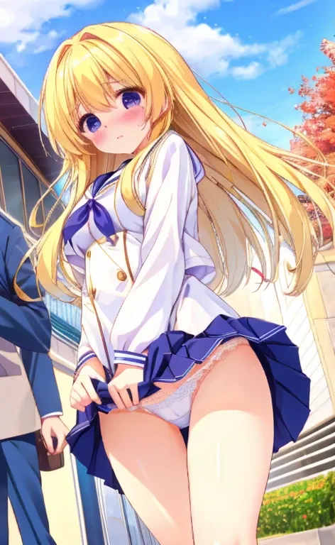 Beautiful long blonde　Girl in a sailor suit　Pleated skirt　mini skirt　Long sleeve　Shyness　With tears in my eyes　Walking through a public square　Walking with legs apart　skirt tug　Wind lift　White panties with lace　blushing cheeks　wind　Small breasts　Low - Angl...