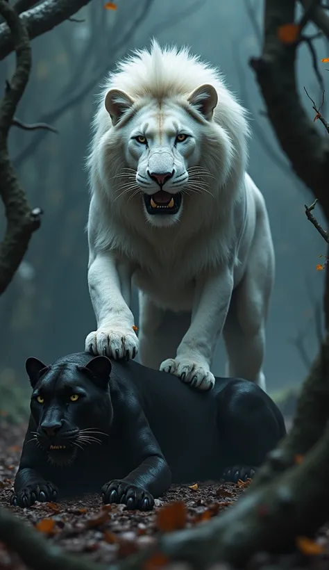 White lion standing on a dead black panther that it fought in a dark forest