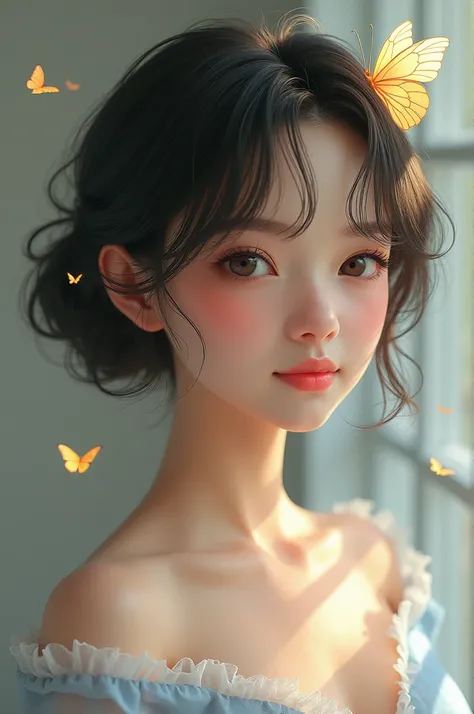 Realistic ai girl: have classy long dress, beautiful eyes, shorty hairs, slim pink lips, with butterfly on head and little smile on beautiful face 