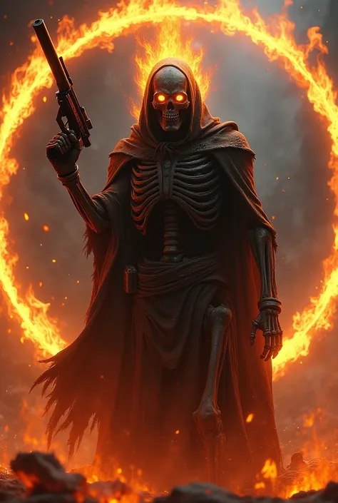 A skull man wear a fire mask , stand on the fire circle and gun in hand 
