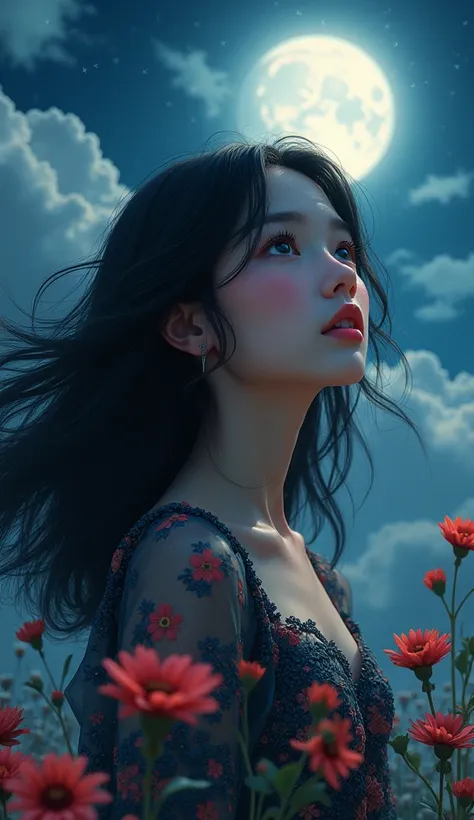 a dark-haired girl in a moonlit garden, beautiful detailed eyes, beautiful detailed lips, extremely detailed face, long eyelashes, intricate floral dress, gazing up at the starry sky, cinematic lighting, dramatic clouds, glowing moon, surreal atmosphere, f...