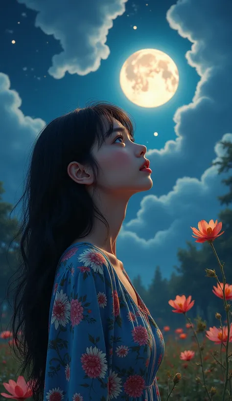 a dark-haired girl in a moonlit garden, beautiful detailed eyes, beautiful detailed lips, extremely detailed face, long eyelashes, intricate floral dress, gazing up at the starry sky, cinematic lighting, dramatic clouds, glowing moon, surreal atmosphere, f...