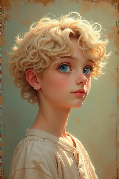 poetic vector boy light blonde, curly hair that falls naturally around their head blue eyes profile pic the on brown vintage theme