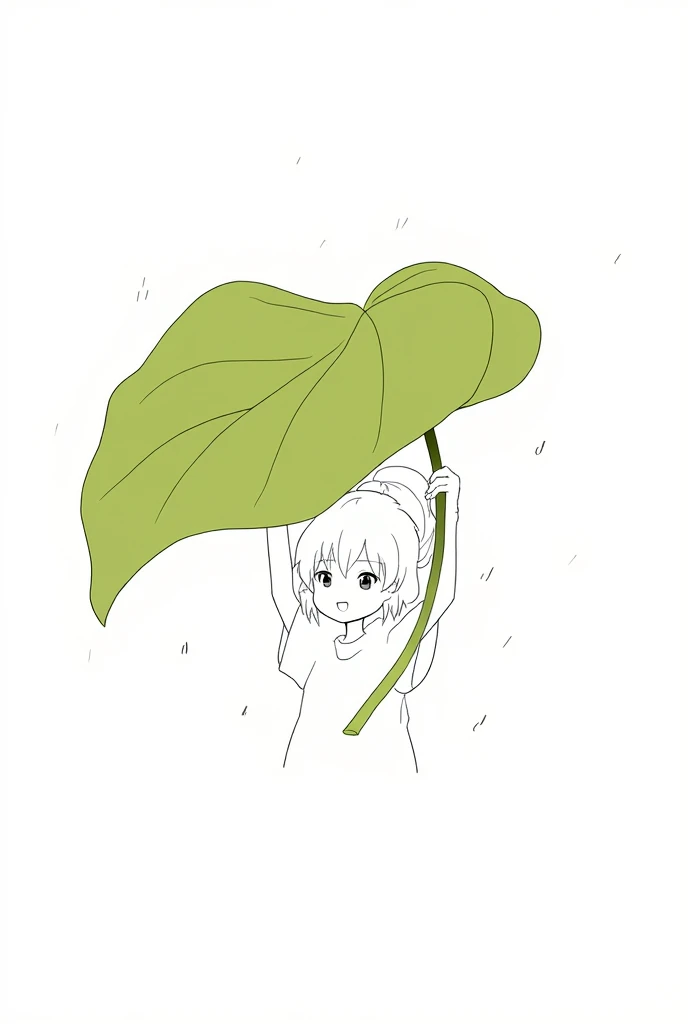 Girl, kid, holding giant leaf above head, , cute, white background, raindrops, leaf,  full body, holding leaf stem 