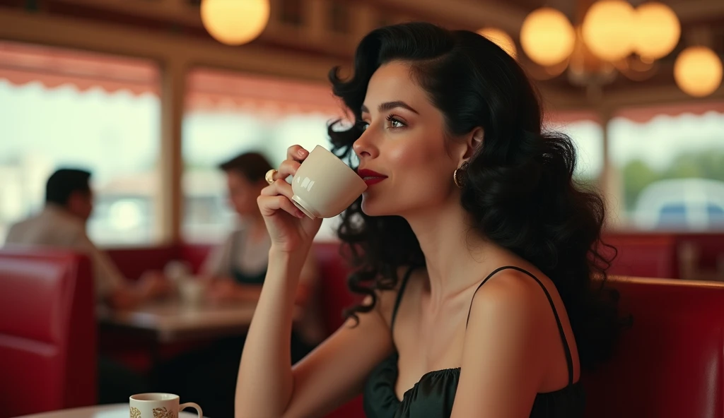 a plump, beautiful woman, long curly hair, Grace Kelly, black hair, having coffee in a 1950s diner,  photorealistic, cinematic lighting, detailed facial features, intricate hairstyle, elegant dress, high quality, masterpiece, 8k, ultra detailed