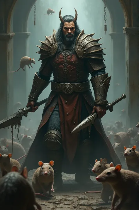 a man, composite sword, warrior rat suit, many rats behind the man